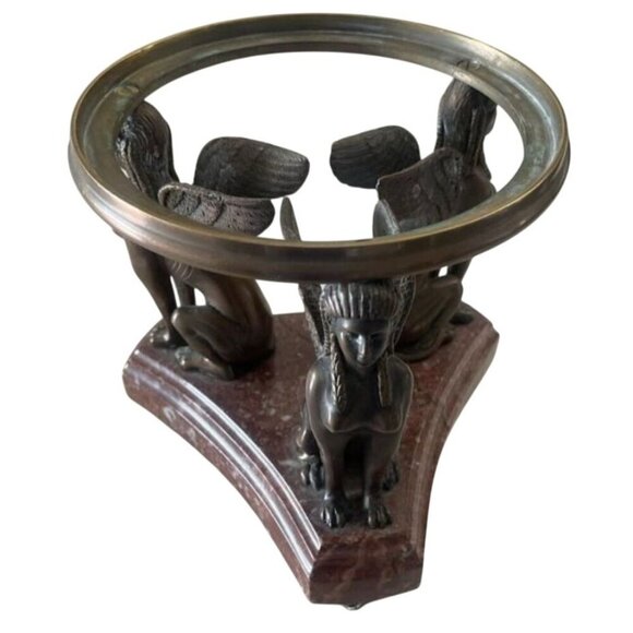 Winged Sphinx Egyptian Bronze Brass Statue Rare Marble Candle Holder Sculpture - Picture 10 of 16
